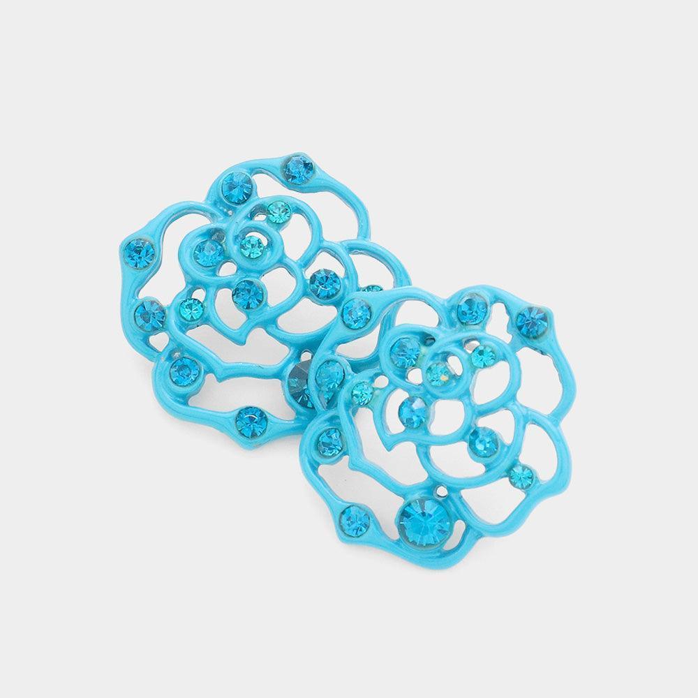 Blue Crystal Rose Cut Out Stud Earrings - Jewelry Store by Erik Rayo
