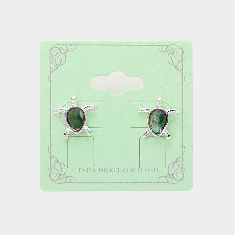 Silver Sea Glass Embossed Sea Turtle Stud Earrings - Jewelry Store by Erik Rayo