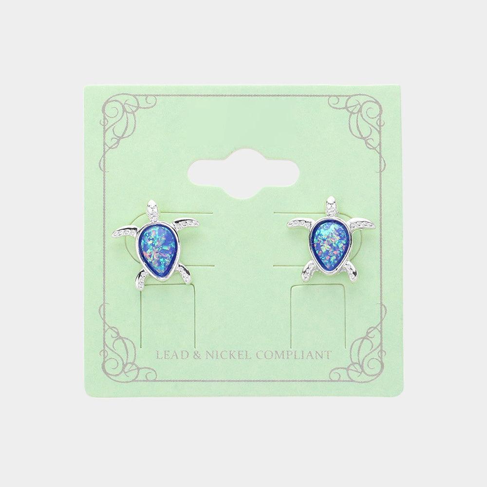 Silver Sea Glass Embossed Sea Turtle Stud Earrings - Jewelry Store by Erik Rayo