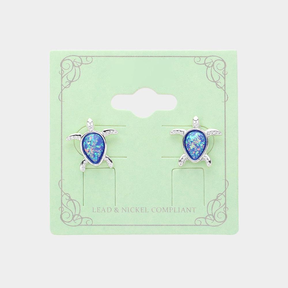 Silver Sea Glass Embossed Sea Turtle Stud Earrings