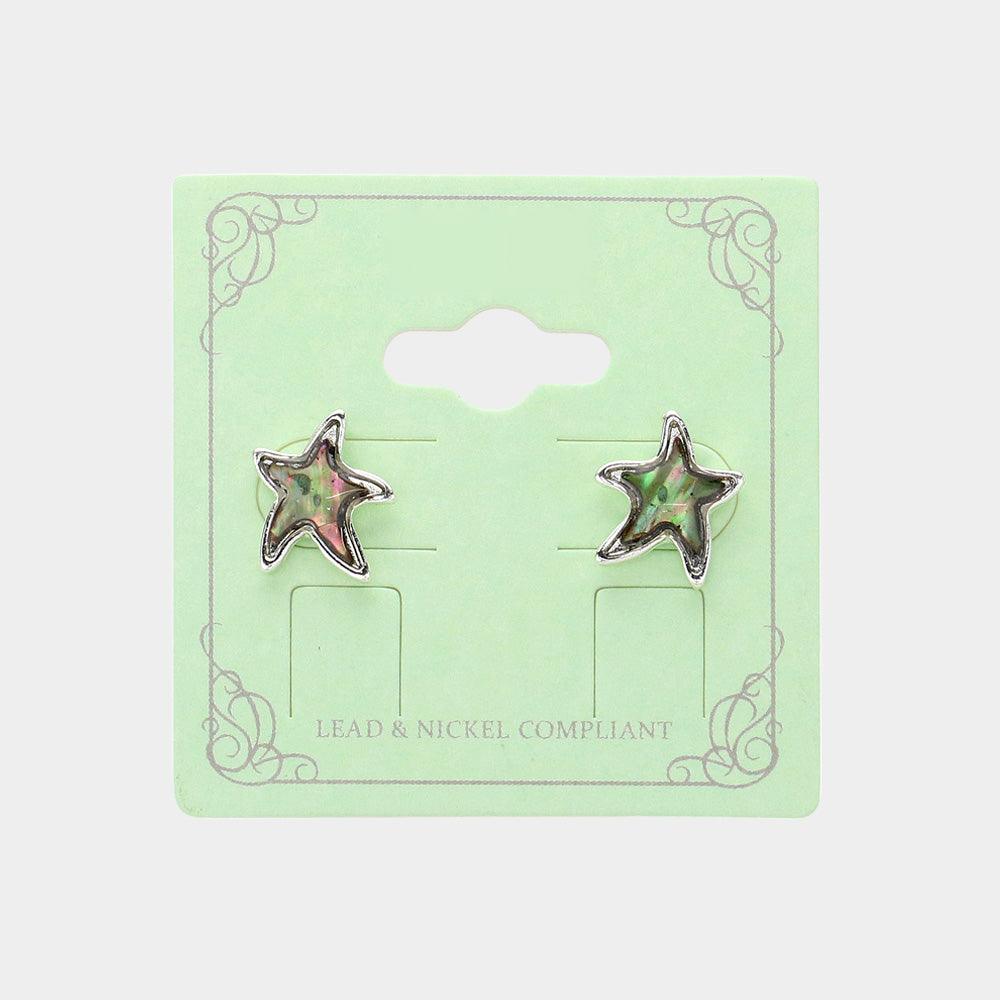 Silver Sea Glass Embossed Starfish Stud Earrings