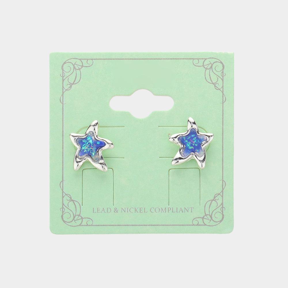 Silver Sea Glass Embossed Starfish Stud Earrings