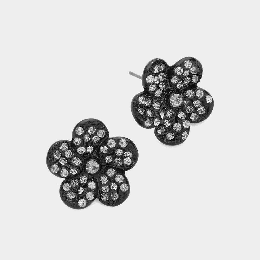 Black Rhinestone Pave Flower Stud Earrings - Jewelry Store by Erik Rayo