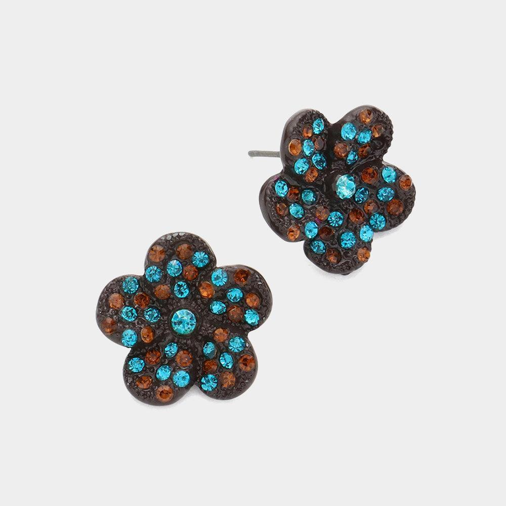 Brown Rhinestone Pave Flower Stud Earrings - Jewelry Store by Erik Rayo