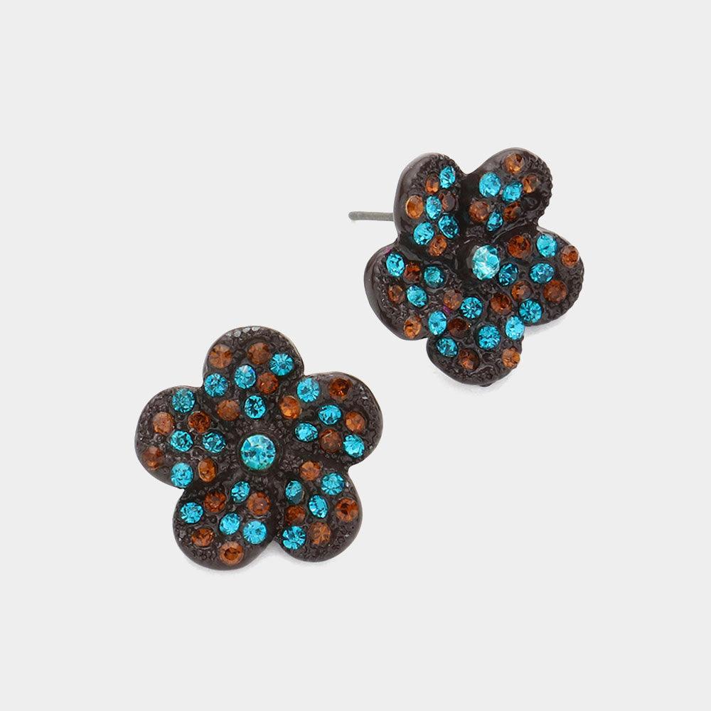 Brown Rhinestone Pave Flower Stud Earrings