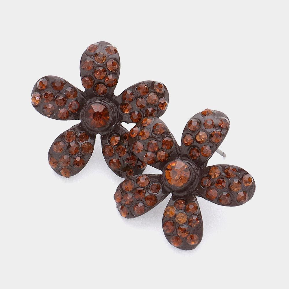Brown Crystal Rhinestone Paved Flower Stud Earrings - Jewelry Store by Erik Rayo