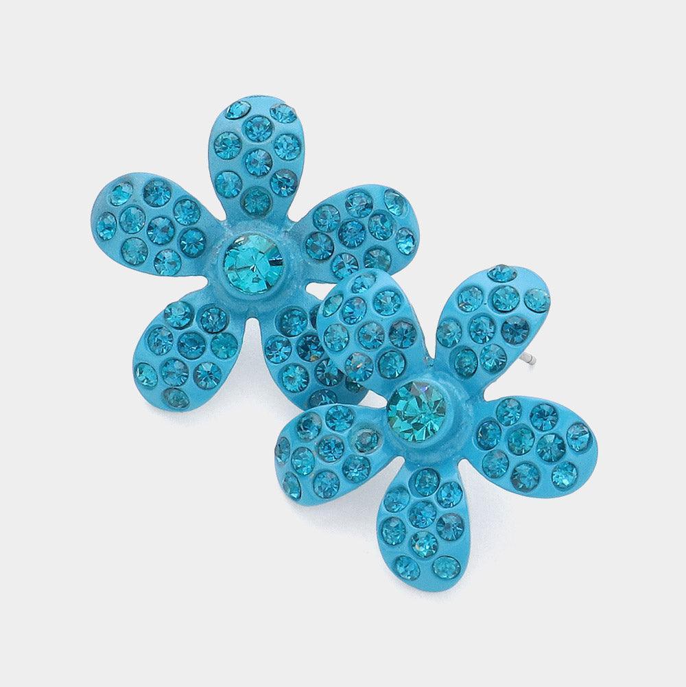 Blue Crystal Rhinestone Paved Flower Stud Earrings - Jewelry Store by Erik Rayo