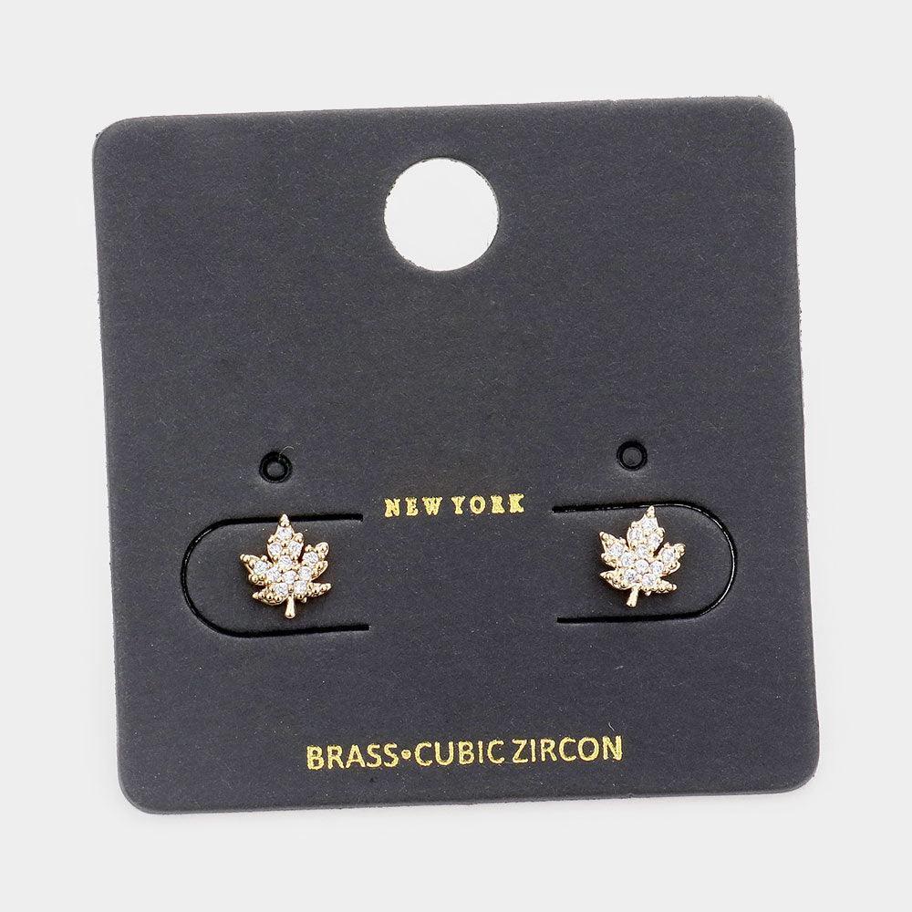 Gold CZ Cubic Zirconia Embellished Brass Metal Maple Leaf Stud Earrings - Jewelry Store by Erik Rayo