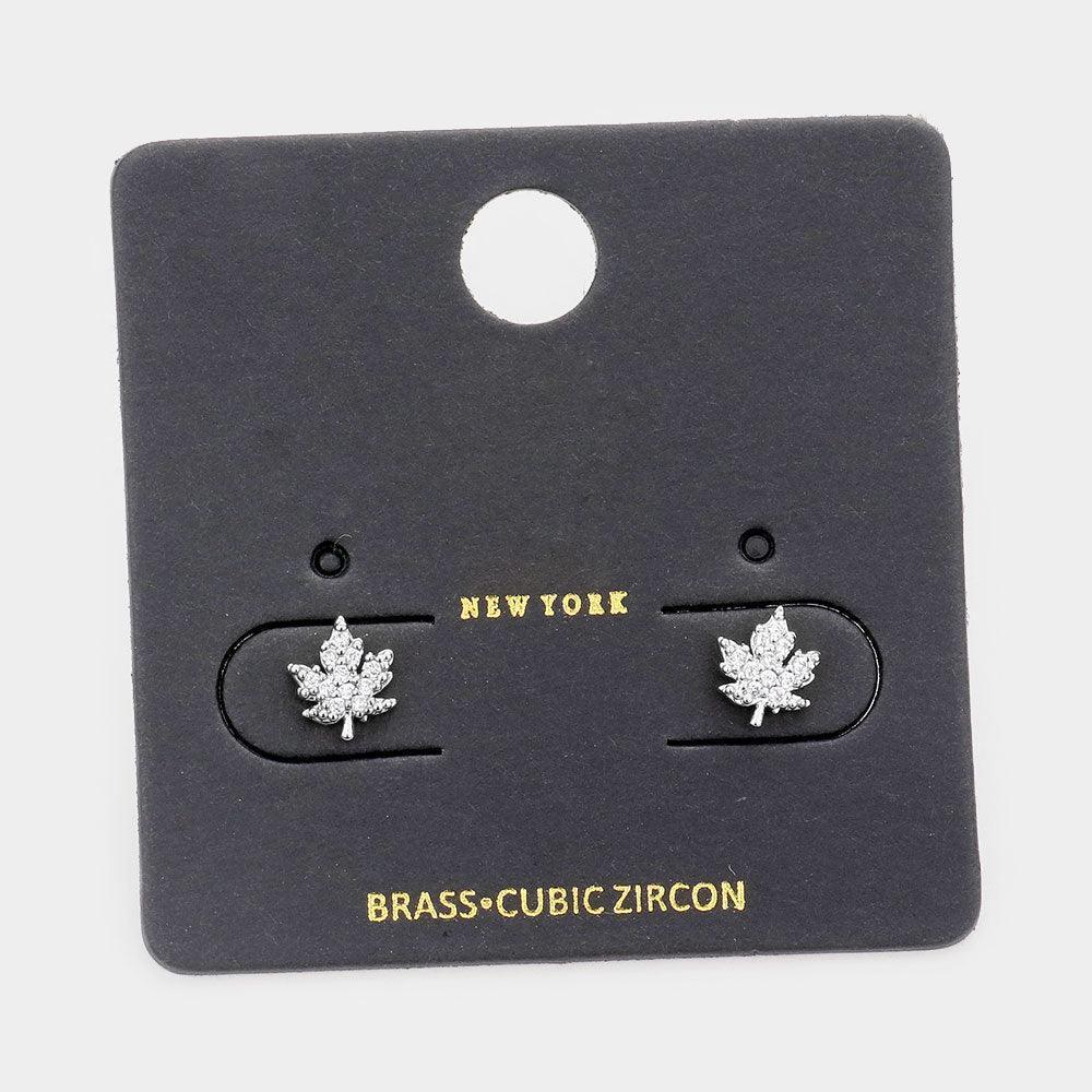 CZ Cubic Zirconia Embellished Brass Metal Maple Leaf Stud Earrings - Jewelry Store by Erik Rayo