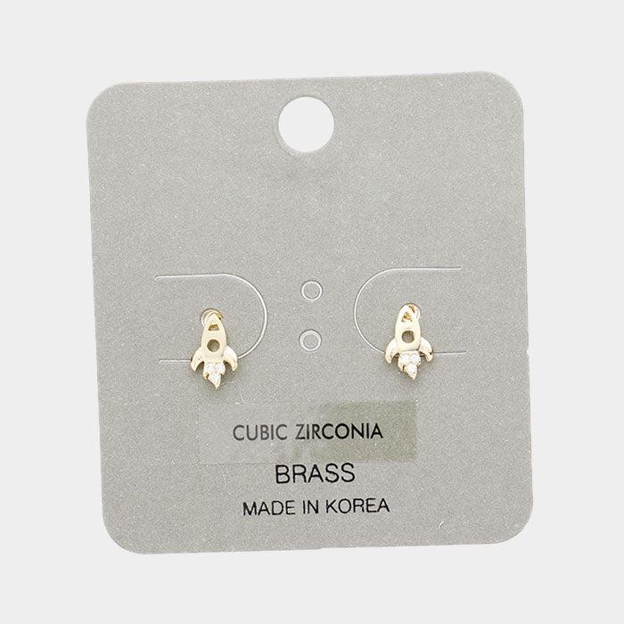 Gold Brass Metal CZ Rocket Stud Earrings - Jewelry Store by Erik Rayo