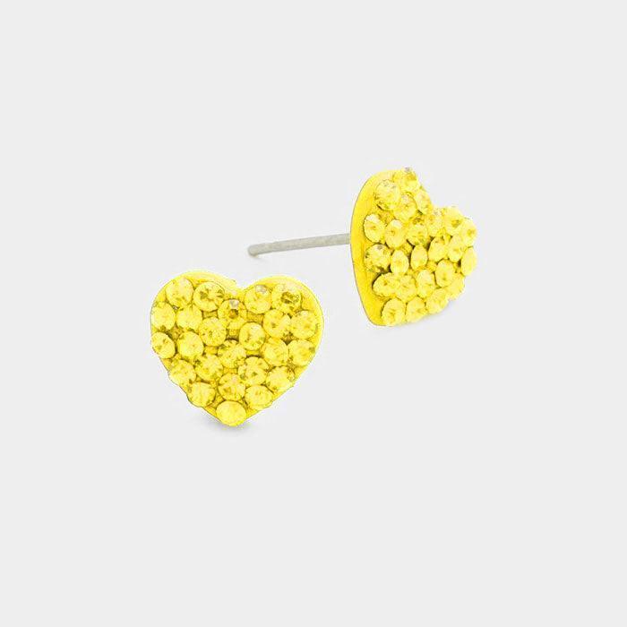 Yellow Crystal Rhinestone Pave Heart Stud Earrings - Jewelry Store by Erik Rayo
