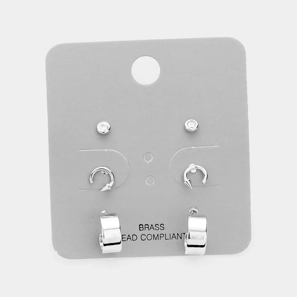 3Pairs - Brass Metal CZ Stud Huggie Earrings - Jewelry Store by Erik Rayo