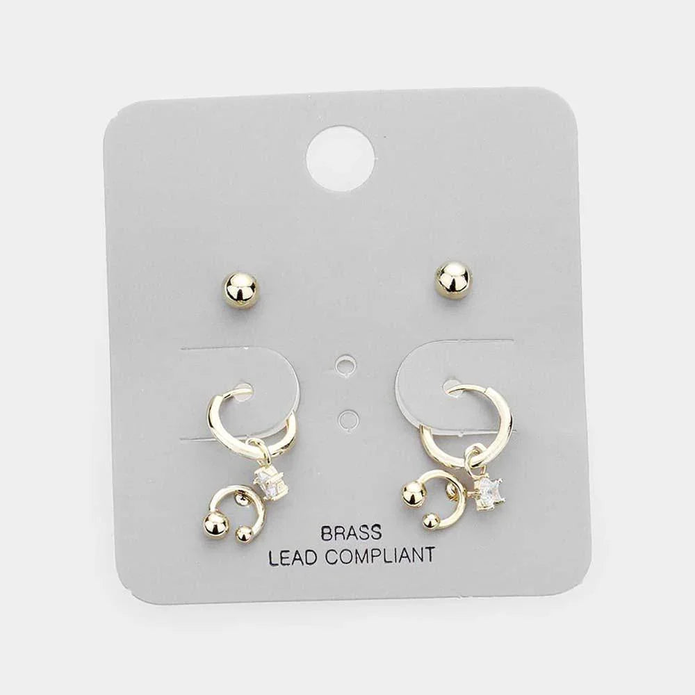 Gold 3Pairs - Brass Metal Ball Stud Rhinestone Dangle Earrings - Jewelry Store by Erik Rayo