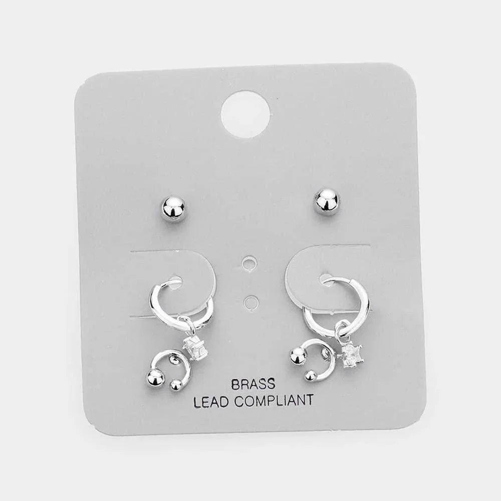 3Pairs - Brass Metal Ball Stud Rhinestone Dangle Earrings - Jewelry Store by Erik Rayo