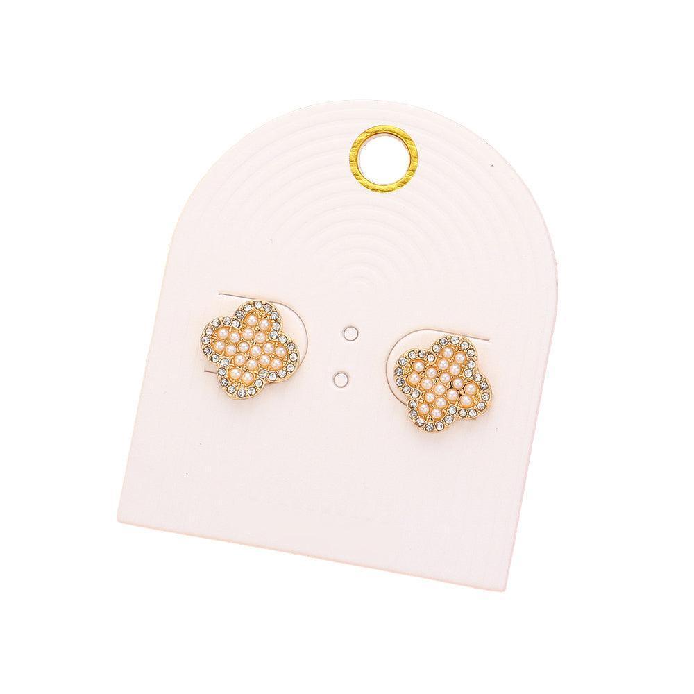 Cream Pearl Embellished Quatrefoil Stud Earrings - Jewelry Store by Erik Rayo