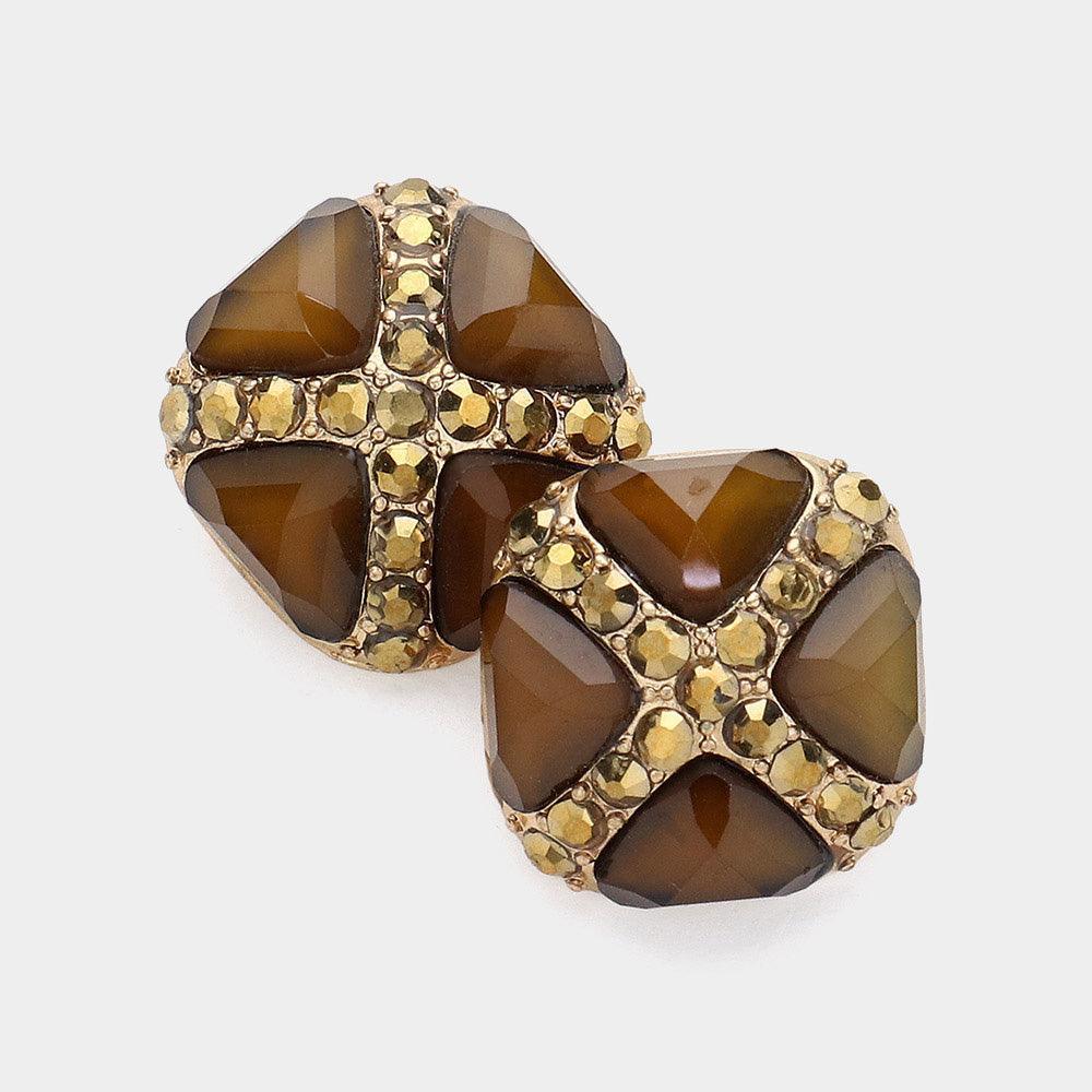 Brown Stone Trim Triangle Bead Stud Earrings - Jewelry Store by Erik Rayo