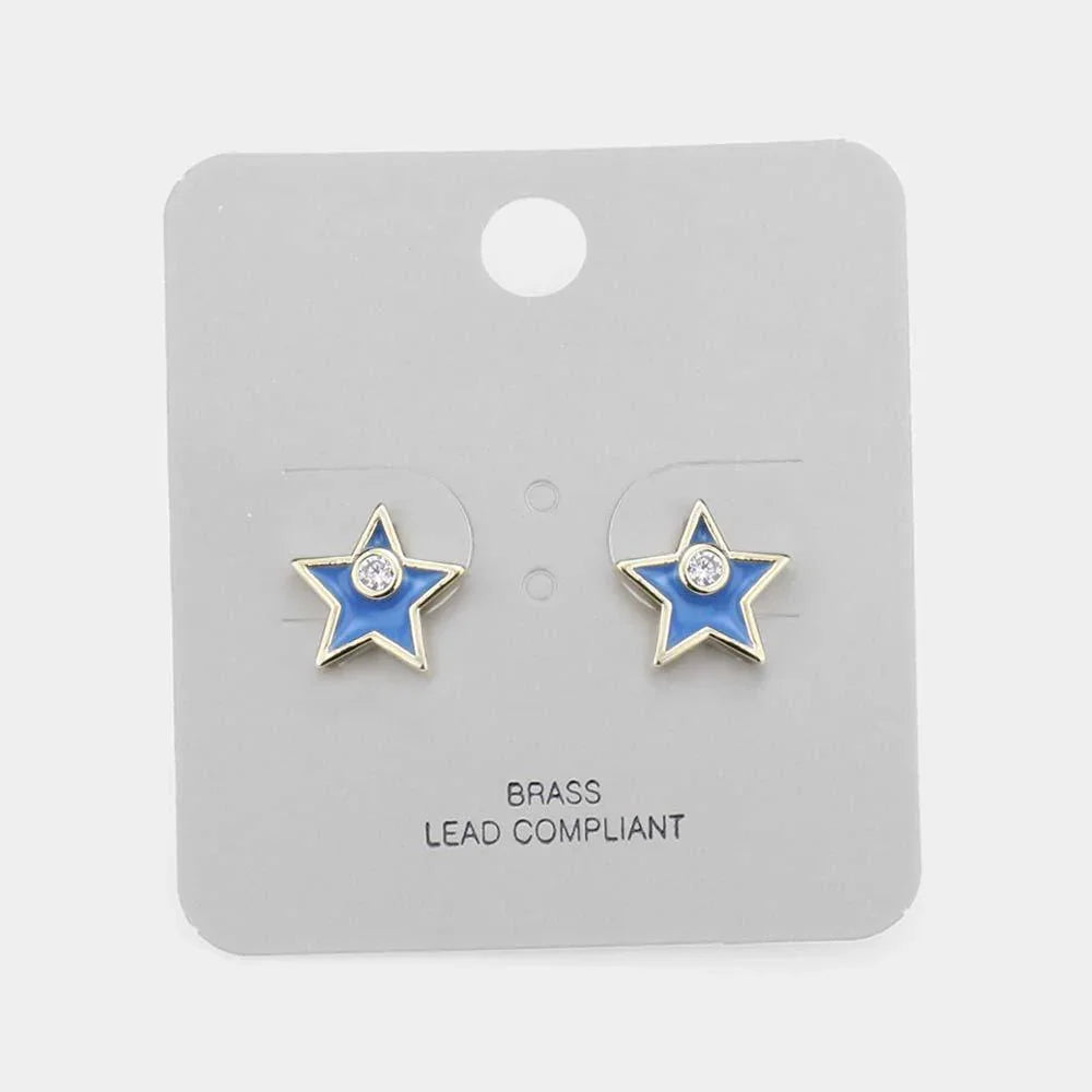 Blue Brass Metal Rhinestone Star Stud Earrings - Jewelry Store by Erik Rayo