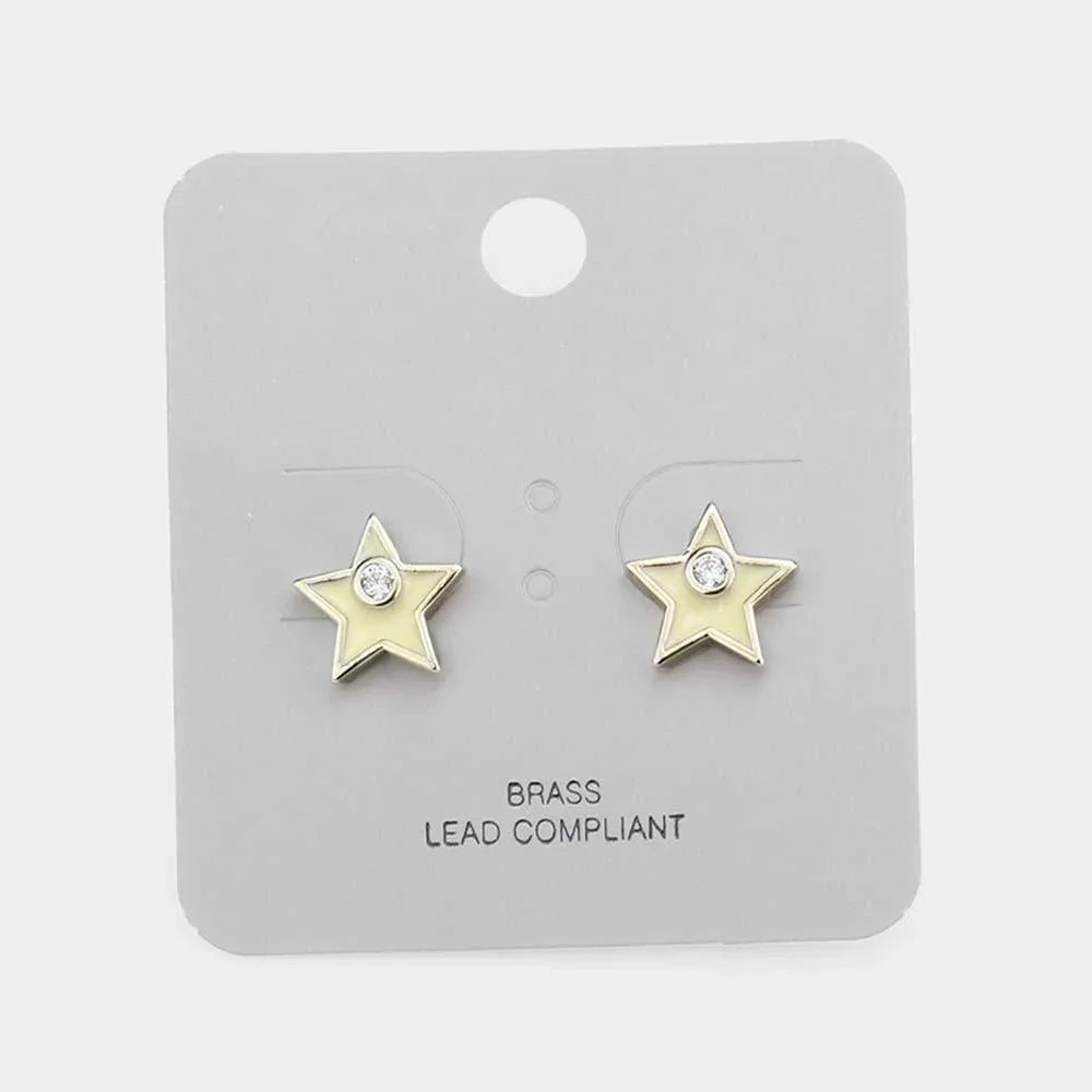 Yellow Brass Metal Rhinestone Star Stud Earrings - Jewelry Store by Erik Rayo