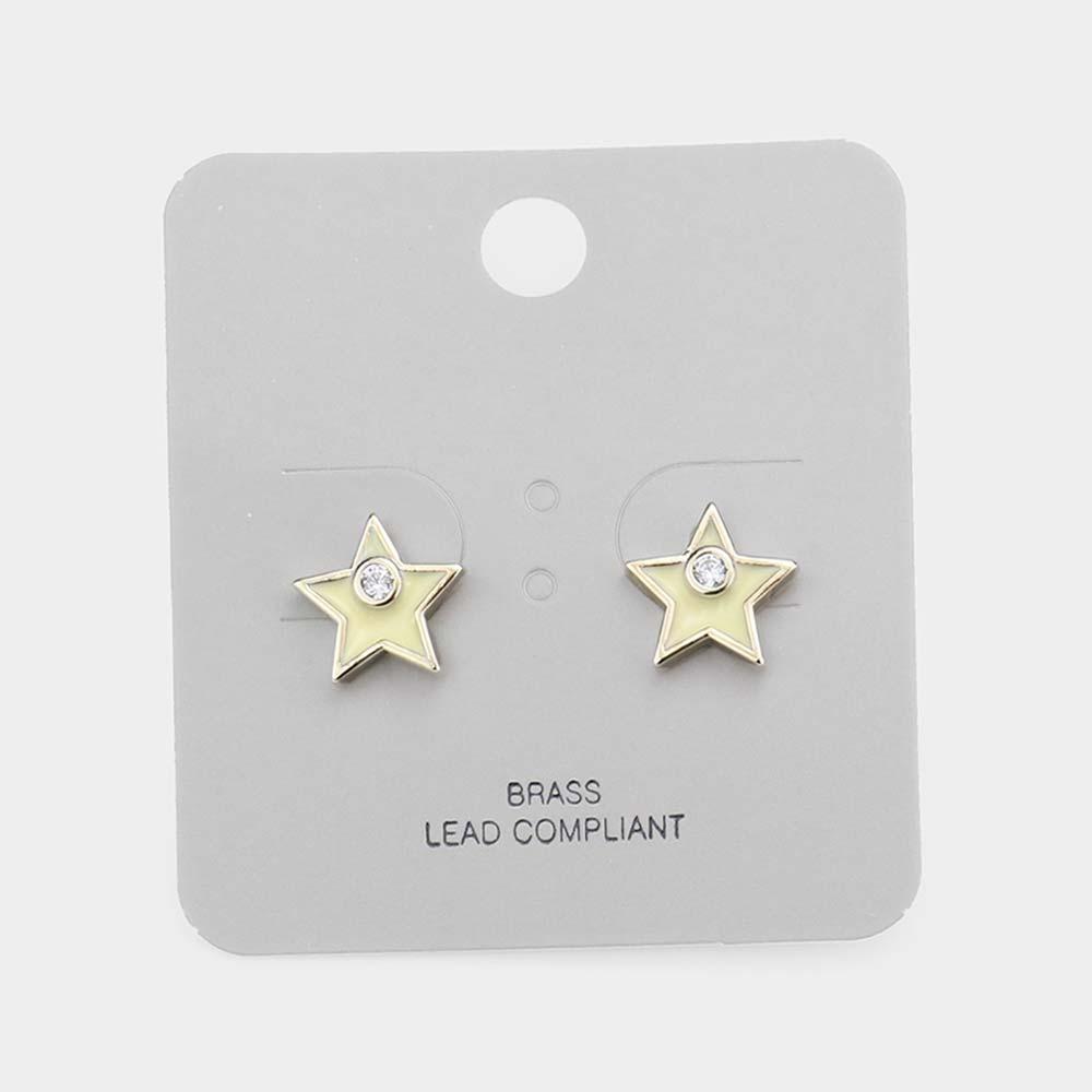 Yellow Brass Metal Rhinestone Star Stud Earrings