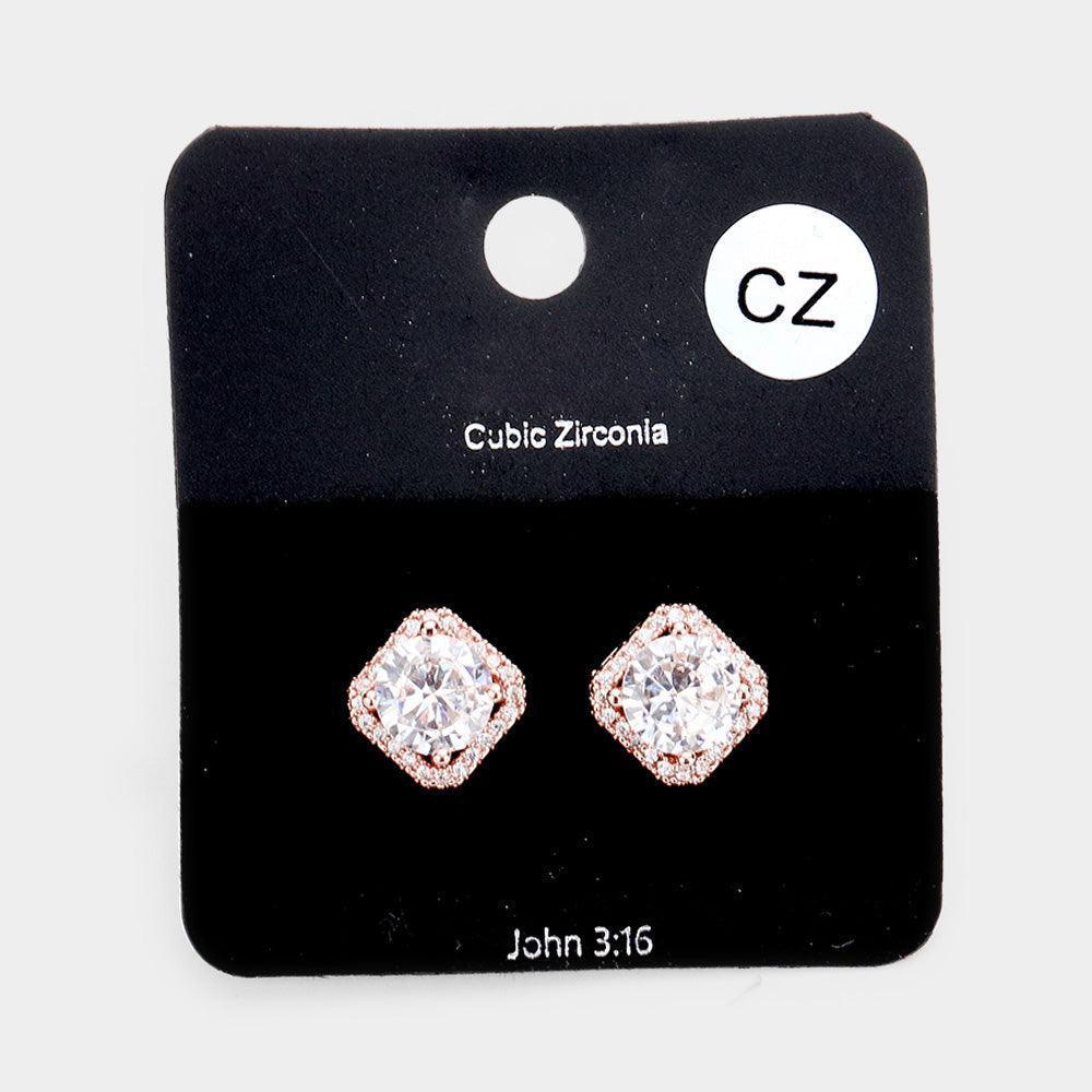 Rose Gold Cubic Zirconia Crystal Rhinestone Rhombus Stud Earrings - Jewelry Store by Erik Rayo