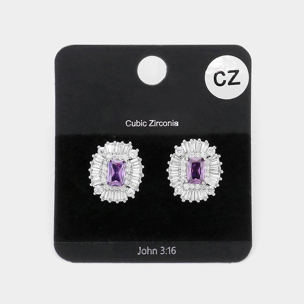 Amethyst CZ Emerald Cut Stone Centered Evening Stud Earrings - Jewelry Store by Erik Rayo