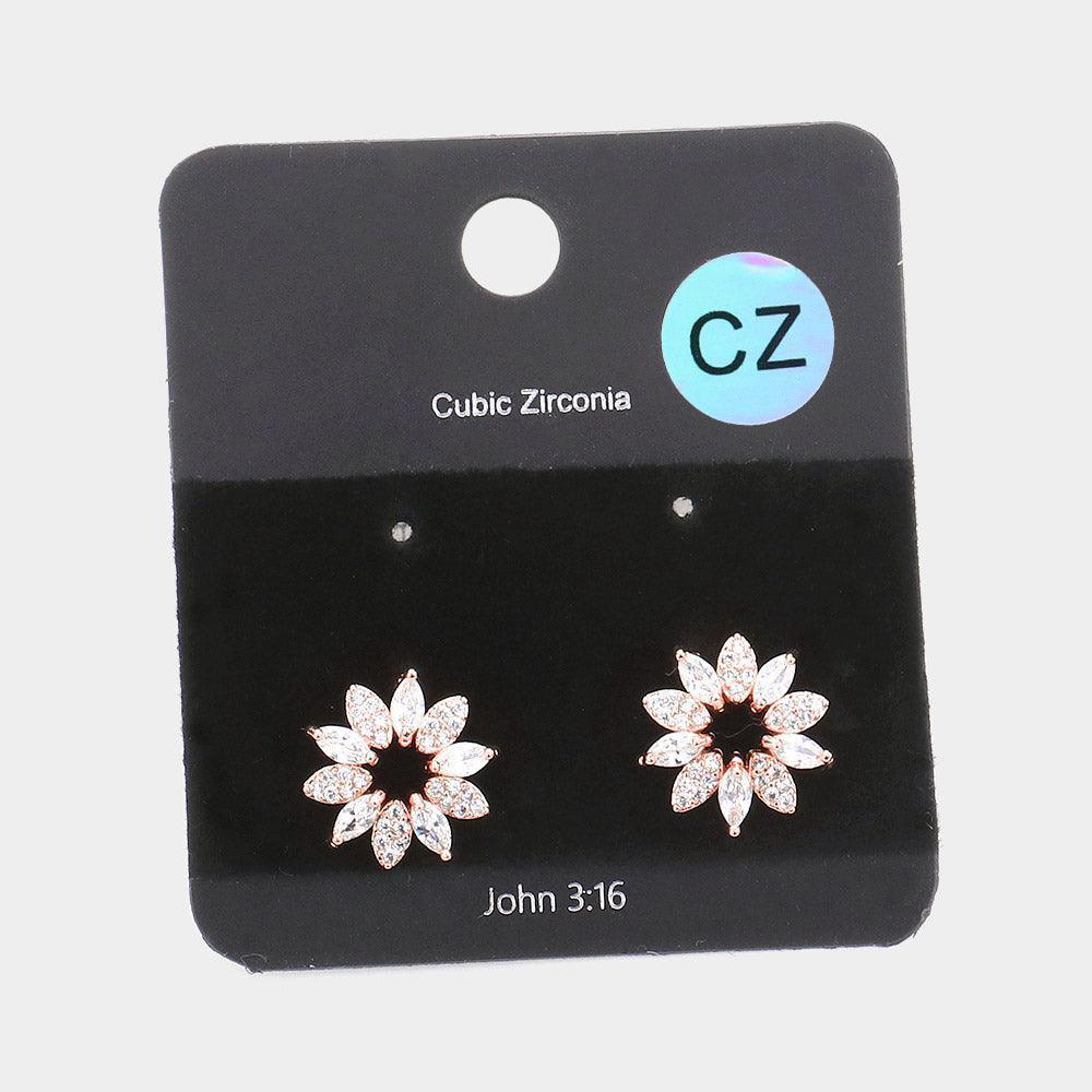 Rose Gold CZ Marquise Stone Flower Stud Earrings - Jewelry Store by Erik Rayo