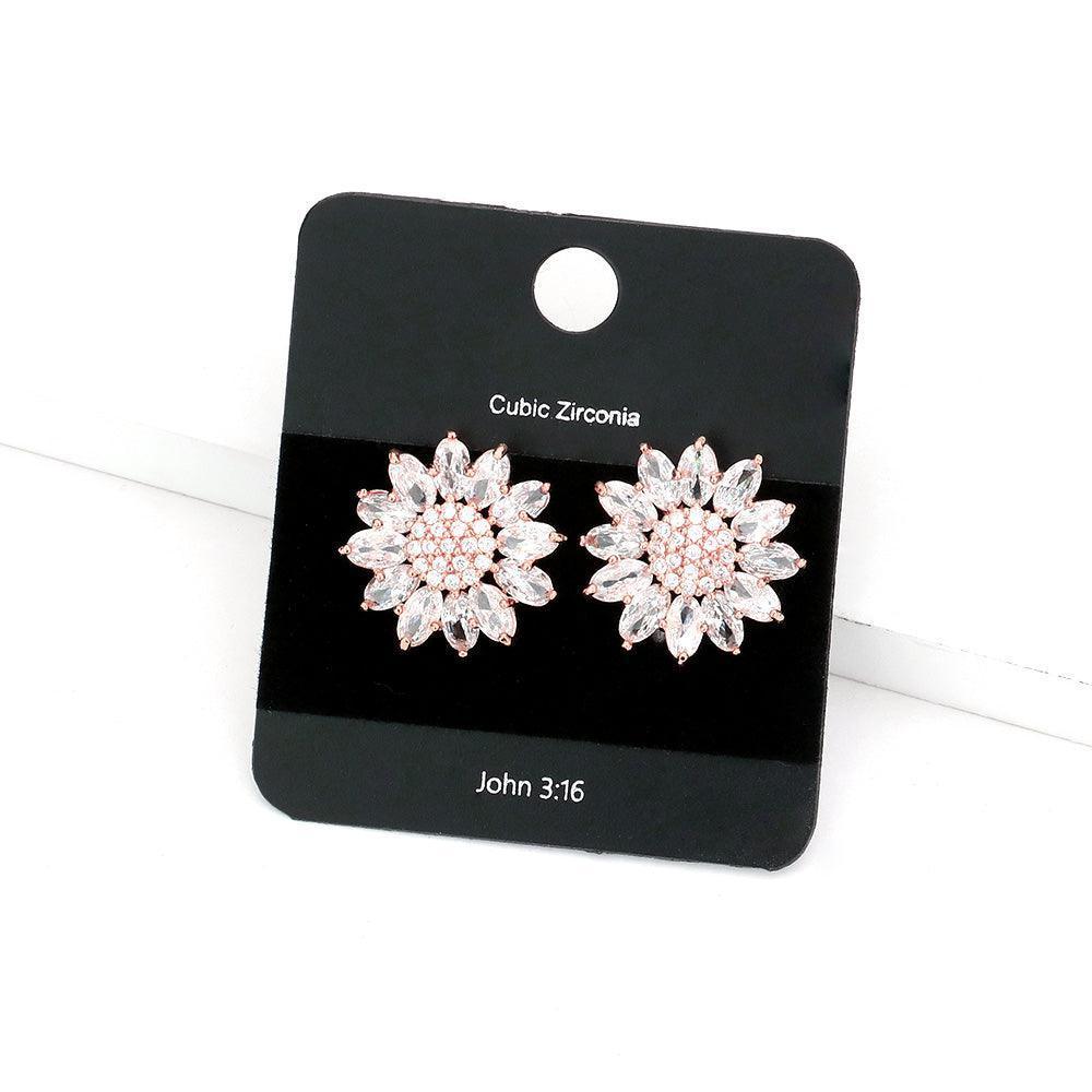 Rose Gold CZ Stone Pave Marquise Stone Embellished Flower Stud Earrings - Jewelry Store by Erik Rayo