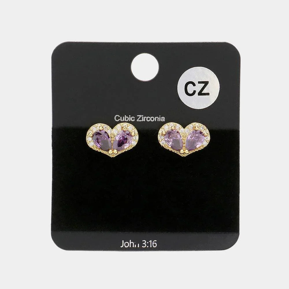 Amethyst CZ Teardrop Accented Heart Stud Evening Earrings - Jewelry Store by Erik Rayo