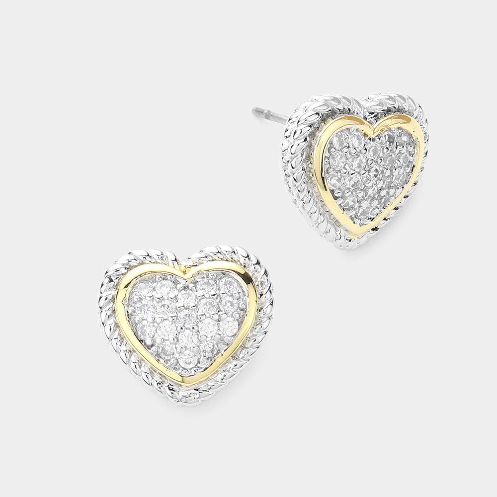 Two Tone CZ Stone Paved Heart Stud Earrings