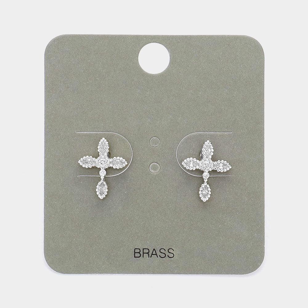 Stone Paved Brass Cross Stud Earrings - Jewelry Store by Erik Rayo