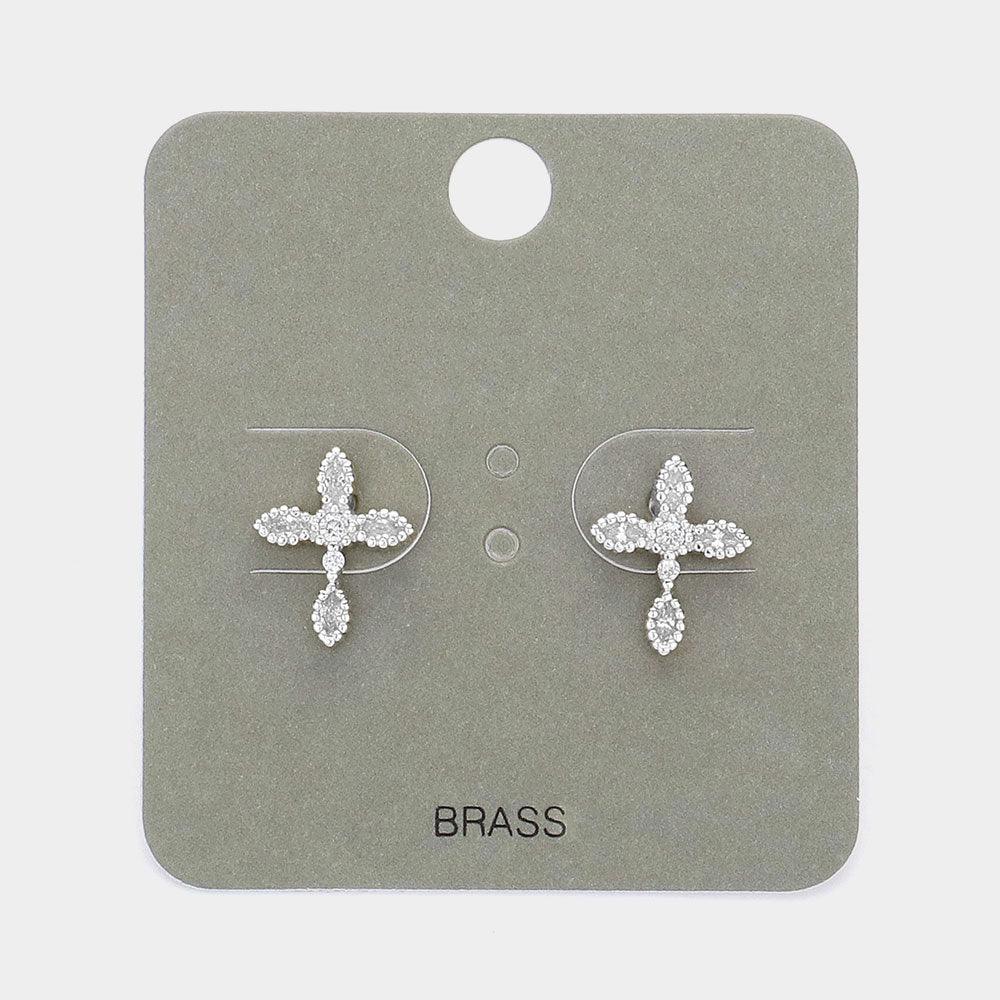 Stone Paved Brass Cross Stud Earrings