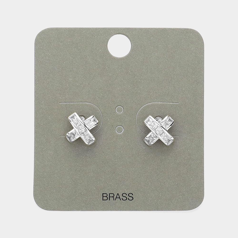 Stone Paved Brass X Stud Earrings