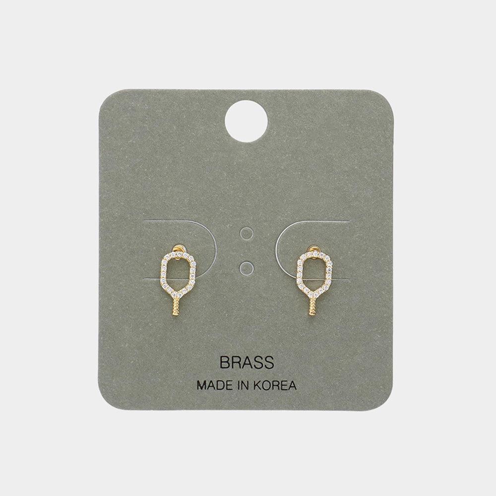 Gold Brass Metal Pickleball Paddle Stud Earrings - Jewelry Store by Erik Rayo