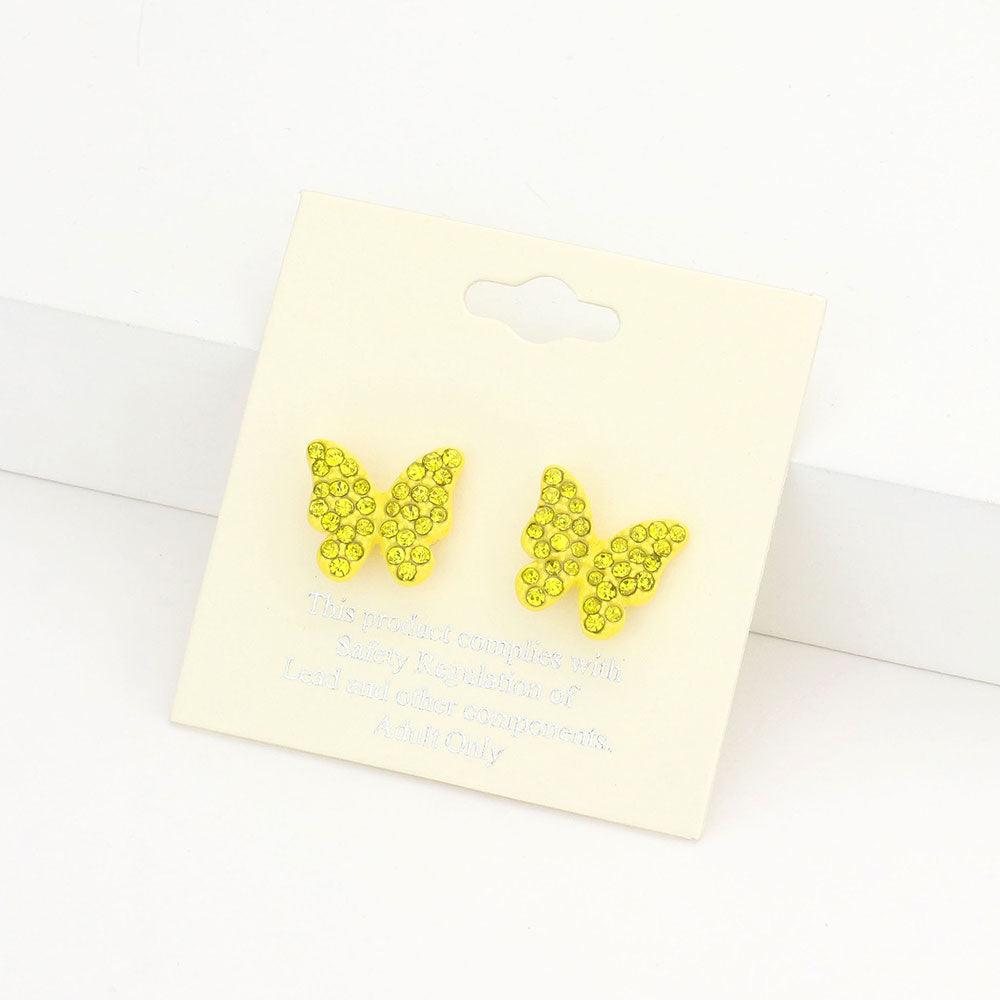 Yellow Rhinestone Pave Butterfly Stud Earrings