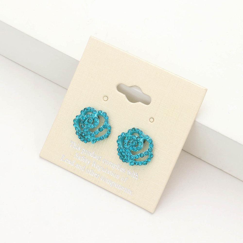 Blue Crystal Pave Flower Stud Earrings - Jewelry Store by Erik Rayo