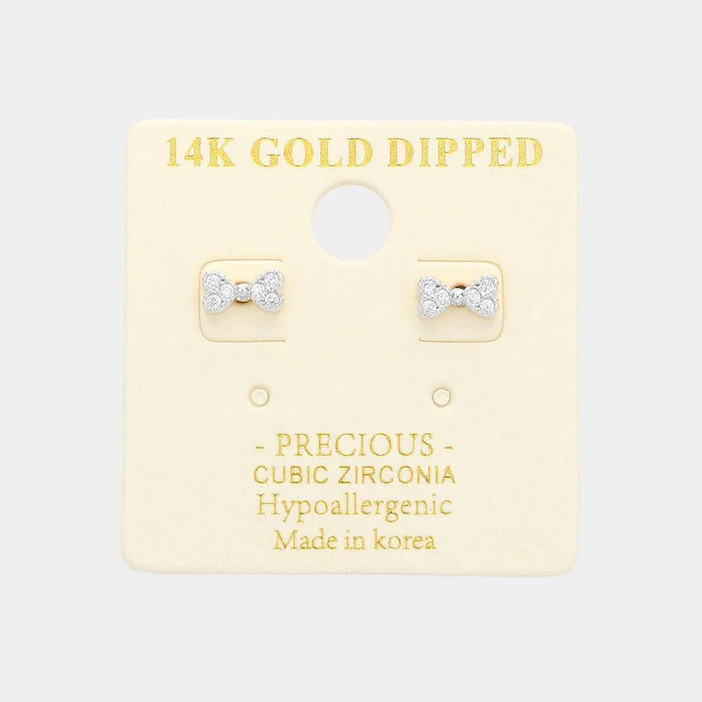 14K White Gold Dipped CZ Embellished Bow Stud Earrings - Jewelry Store by Erik Rayo