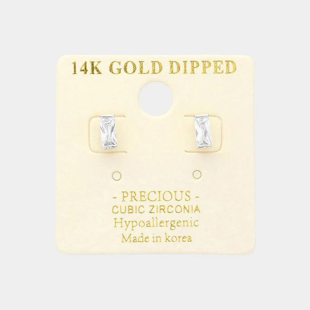 Gold 14K Gold Dipped Hypoallergenic Mini CZ Baguette Stone Stud Earrings