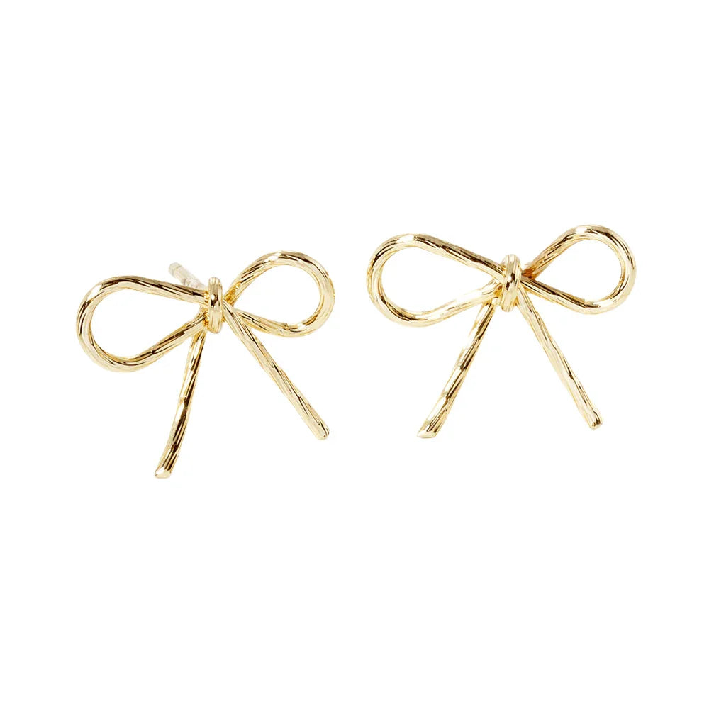 Silver 14K Gold Dipped Metal Wire Bow Stud Earrings - Jewelry Store by Erik Rayo