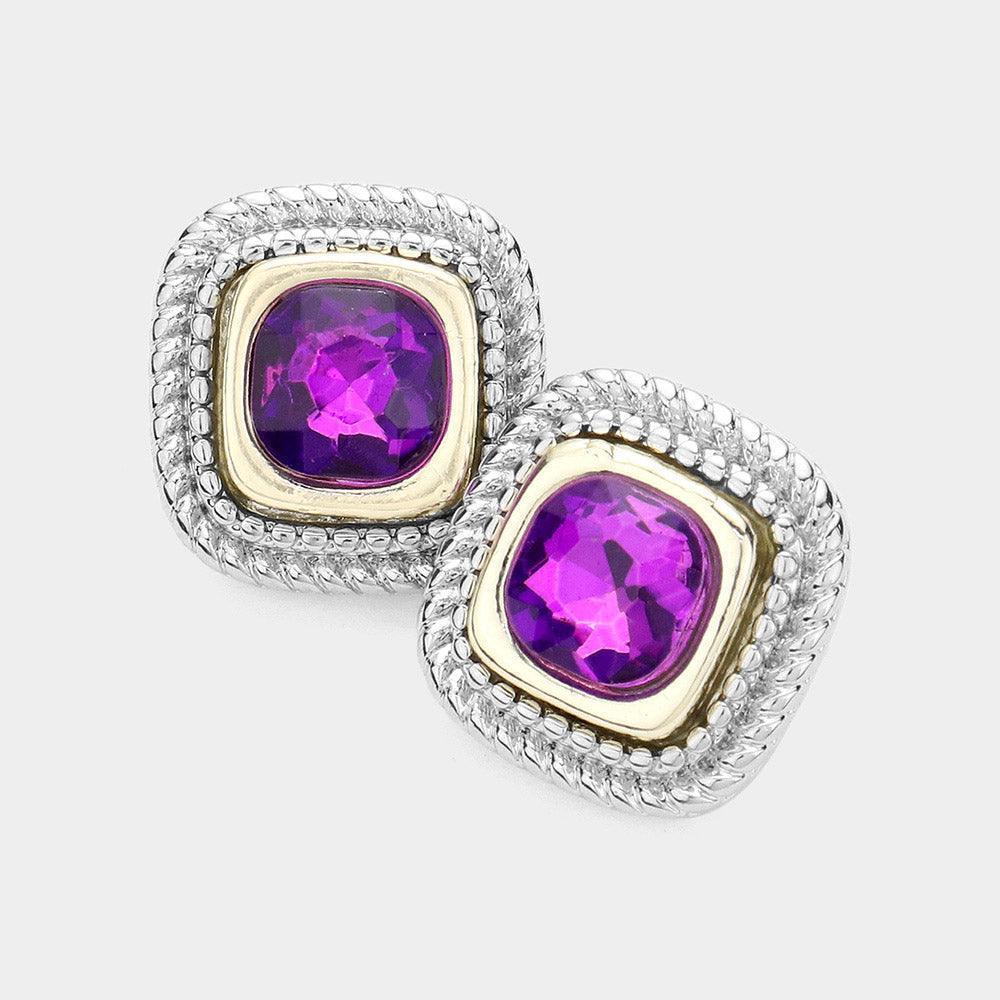 Amethyst Round Stone Pointed Square Stud Earrings - Jewelry Store by Erik Rayo