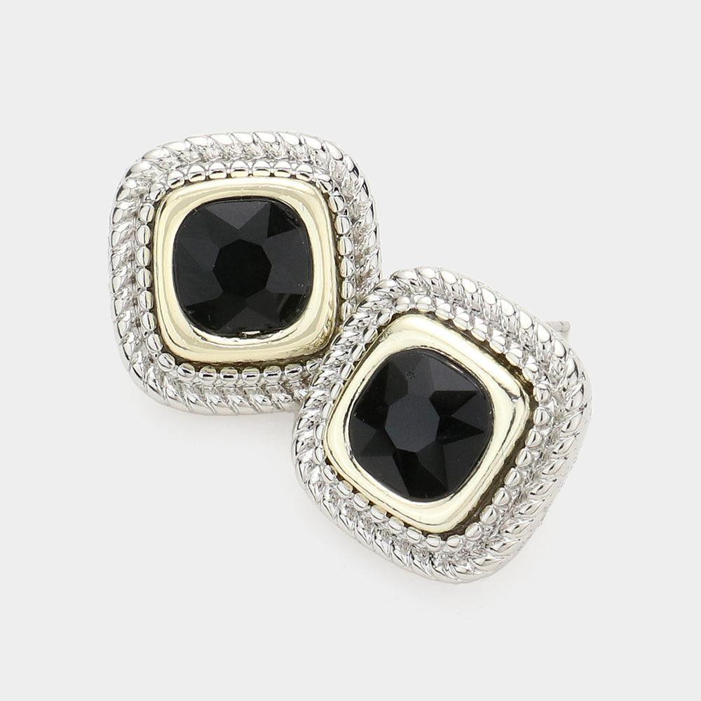 Black Round Stone Pointed Square Stud Earrings - Jewelry Store by Erik Rayo