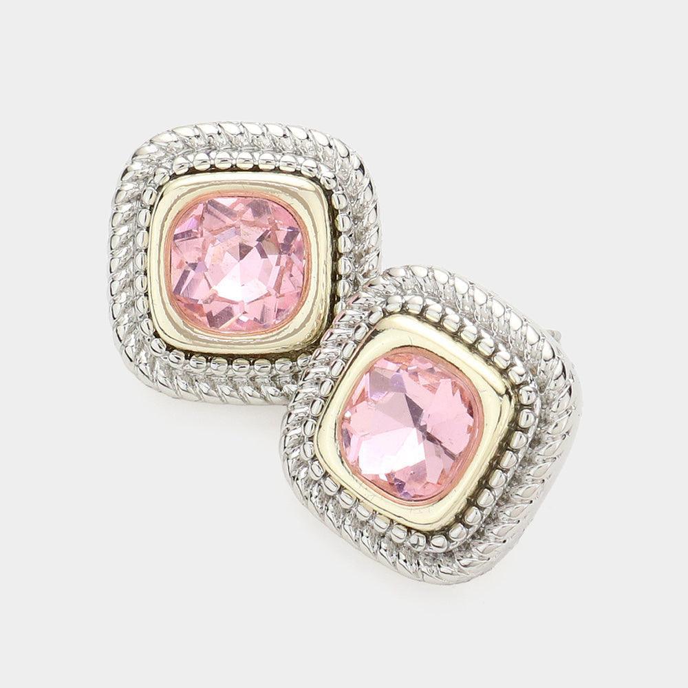 Pink Round Stone Pointed Square Stud Earrings - Jewelry Store by Erik Rayo