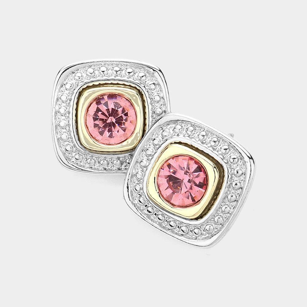 Pink Round Stone Pointed Square Stud Earrings - Jewelry Store by Erik Rayo