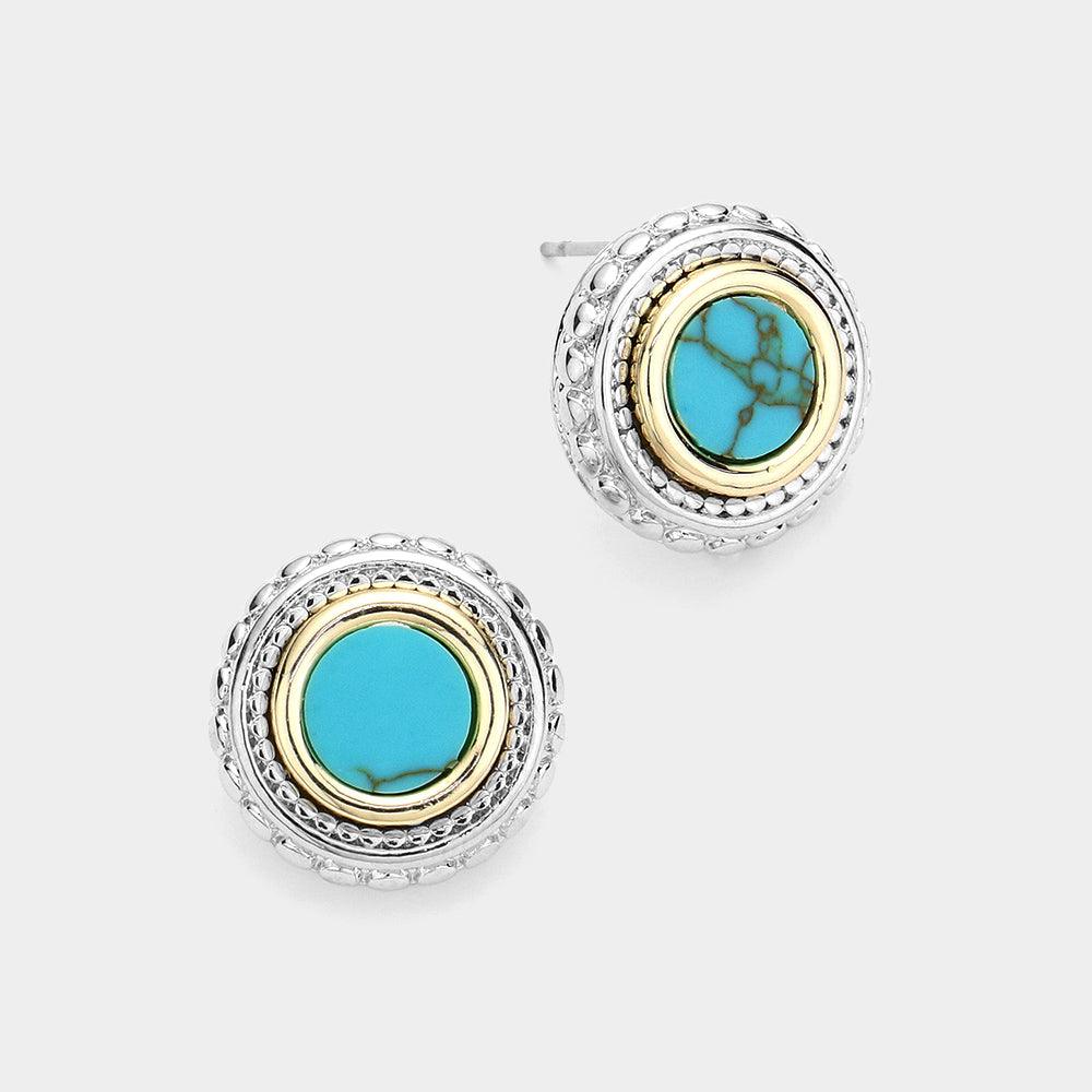 Turquoise 14K Gold Plated Round Natural Stone Stud Earrings