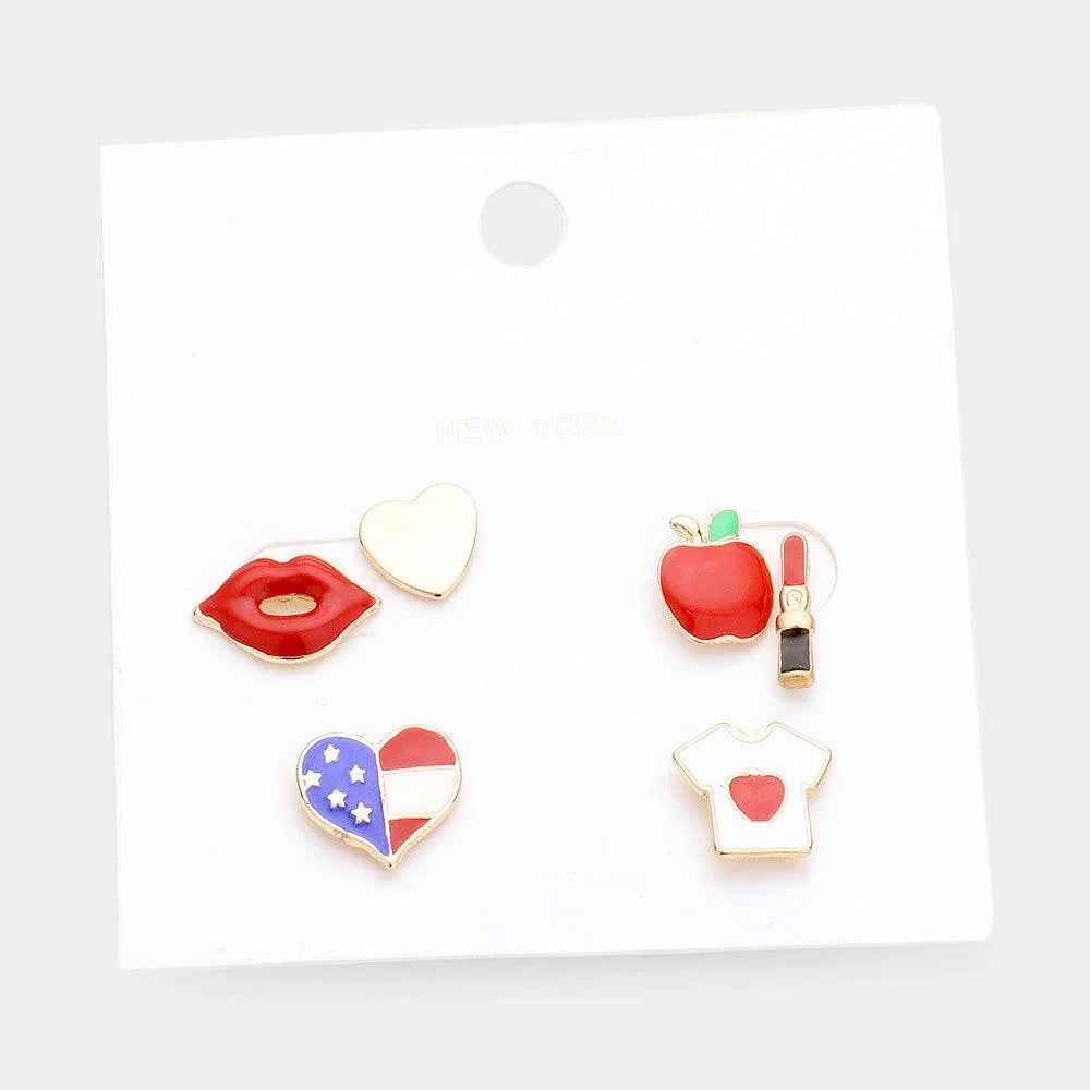 Gold 3Pairs - Mixed Enamel Heart Apple Flag Stud Earrings - Jewelry Store by Erik Rayo