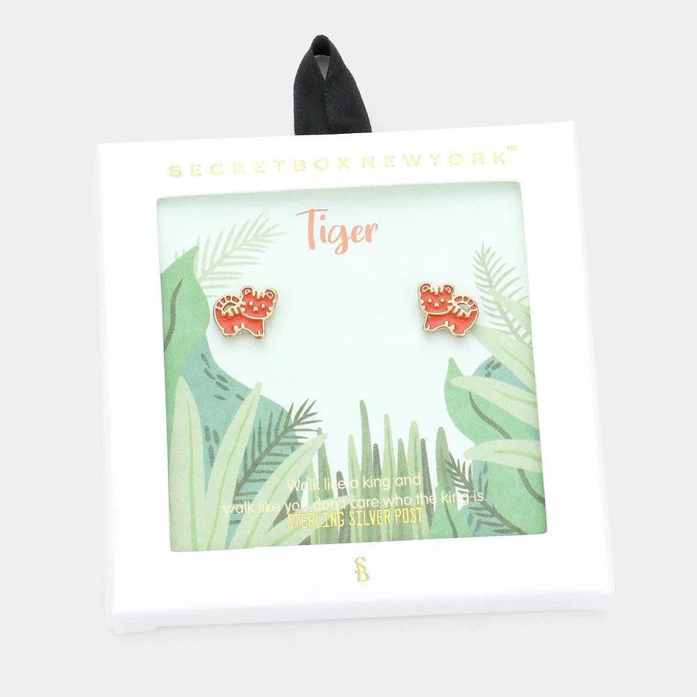 Silver Enamel Metal Tiger Stud Earrings - Jewelry Store by Erik Rayo