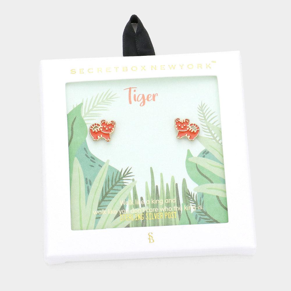 Silver Enamel Metal Tiger Stud Earrings