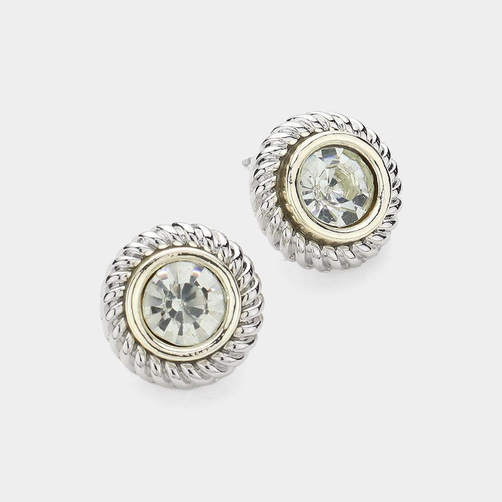 Clear 14K Gold Plated Round Stone Pointed Rope Rim Stud Earrings - Jewelry Store by Erik Rayo