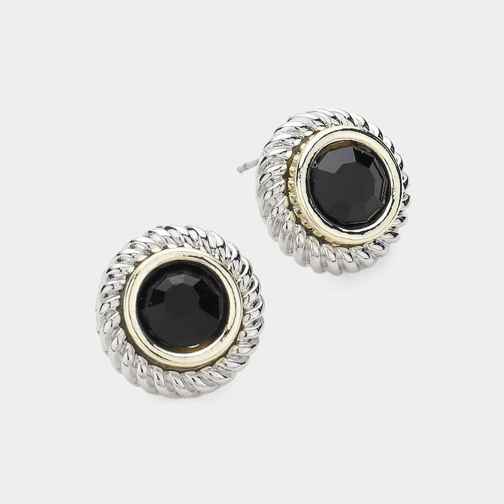 Black 14K Gold Plated Round Stone Pointed Rope Rim Stud Earrings - Jewelry Store by Erik Rayo