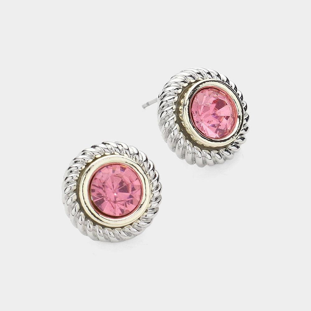 Pink 14K Gold Plated Round Stone Pointed Rope Rim Stud Earrings - Jewelry Store by Erik Rayo