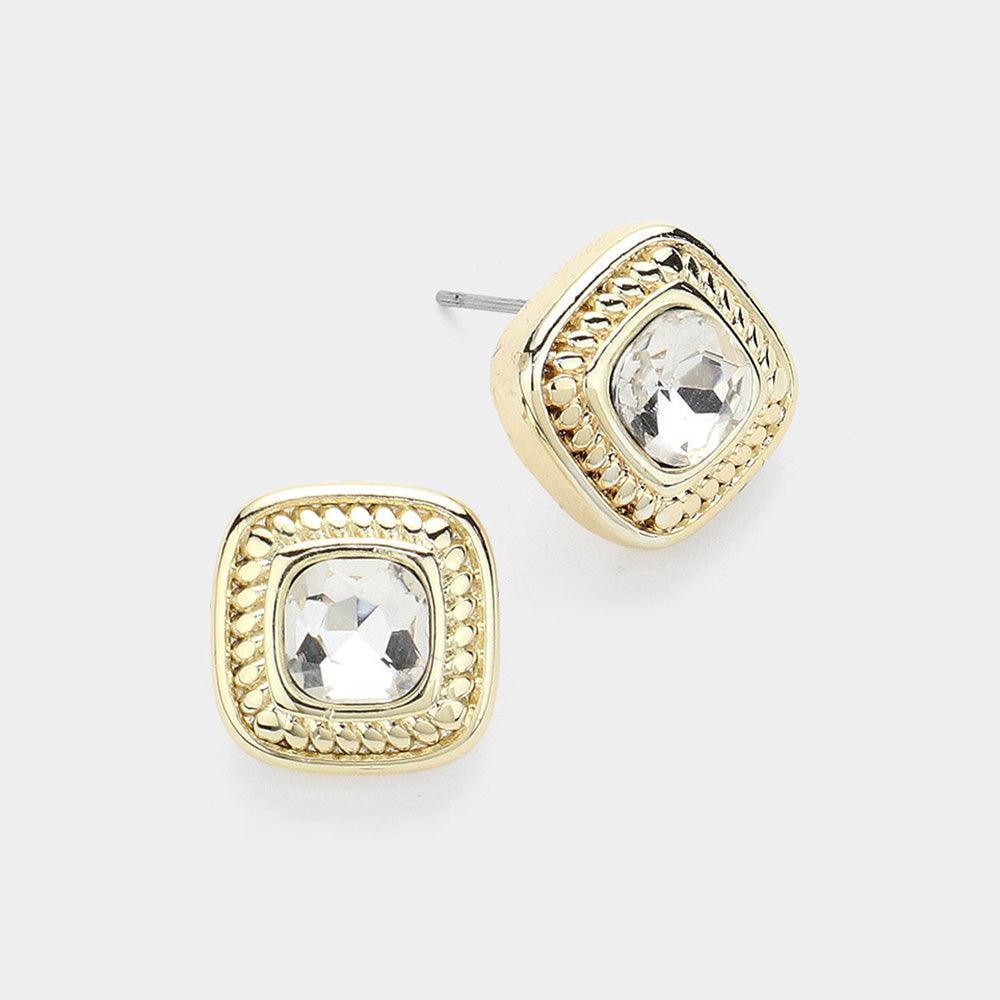 Clear 14K Gold Plated Stone Paved Square Stud Earrings - Jewelry Store by Erik Rayo